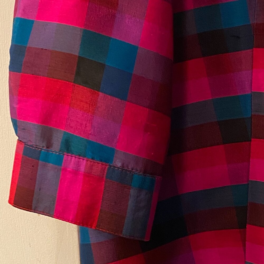VTG Cactus Flower Sz L Womens Silk Blouse Shirt 3/4 Sleeve Pink/Teal/Black Check - Picture 4 of 9
